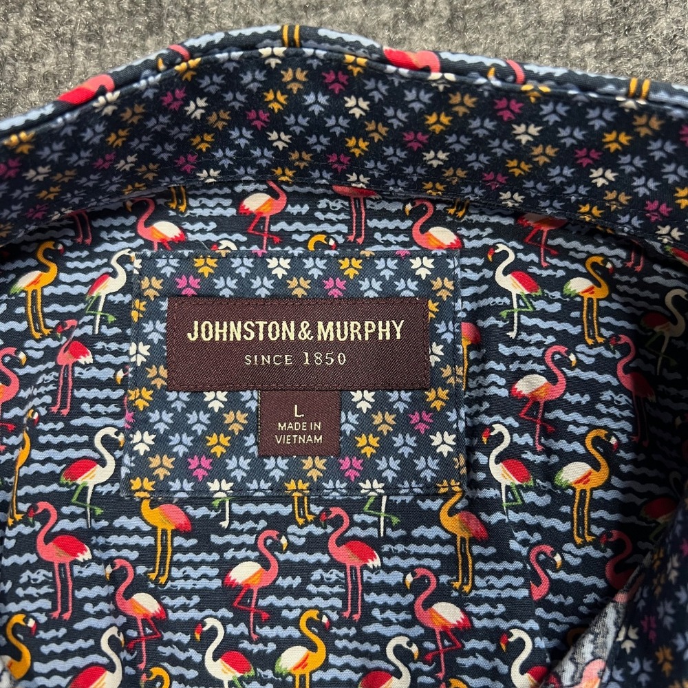 Johnston & Murphy Men's Large Flamingo Print Cotton Short Sleeve Shirt Navy - Picture 6 of 8
